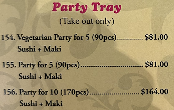 Sushi a la Carte, Mono, Party Tray
